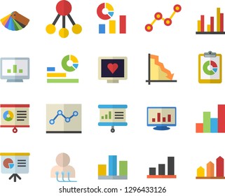 Color flat icon set color scheme flat vector, hierarchy, graphic report, crisis, statistics, scatter chart, computer diagnostics of health, statistic, point diagram, presentaition board, achievement