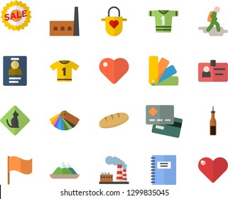 Color flat icon set color scheme flat vector, apron, sauce, bread, factory, manufactory, credit card, flag, sell out, heart, badge, notebook, sport T shirt, hike fector, pets allowed, mountains