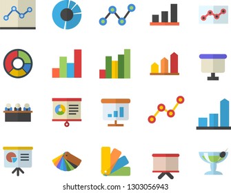 Color flat icon set color scheme flat vector, chart, scatter, flipchart, clircle diagram, point, meeting, presentaition board, achievement, cocktail vector