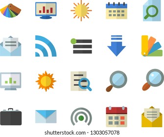 Color flat icon set color scheme flat vector, sun, case, magnifier, computer chart, mail, menu, broadcast, download, calendar, message