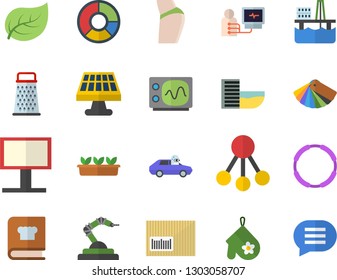 Color flat icon set color scheme flat vector, potholder, cookbook, grater, seedlings, oil production platform, solar battery, tree leaf, autopilot, robotics, billboard, hierarchy, barcode, buttocks
