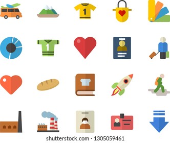 Color flat icon set color scheme flat vector, apron, cookbook, bread, factory, manufactory, heart, clircle diagram, badge, rocket, sport T shirt, indentity card fector, hike, luggage, transfer