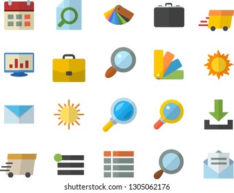 Color flat icon set color scheme flat vector, sun, case, magnifier, express delivery, computer chart, mail, menu, download, calendar, message