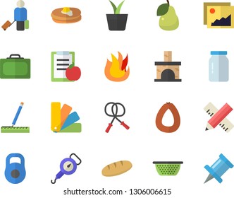 Color flat icon set color scheme flat vector, measure, colander, spring balance, fire, glass jar, pancakes, sausage, bread, pear, home plant, fireplace, weight, diet, skipping rope, luggage fector
