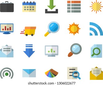 Color flat icon set color scheme flat vector, sun, case, magnifier, express delivery, computer chart, mail, menu, broadcast, download, calendar, message