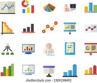 Color flat icon set color scheme flat vector, graphic report, crisis, chart, statistics, scatter, flipchart, diagnostics, computer, statistic, point diagram, hierarchy, presentaition board