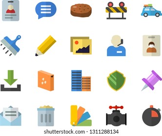 Color flat icon set color scheme flat vector, skyscraper, putty knife, barrier, groats, cutlet, main pipeline, drawing pin, phone operator, pencil, car fector, indentity card, security, gallery
