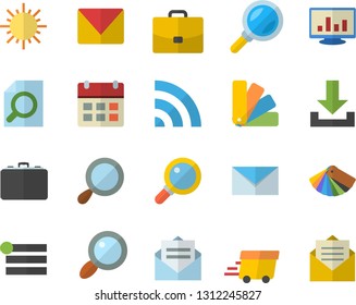 Color flat icon set color scheme flat vector, sun, case, magnifier, express delivery, computer chart, mail, menu, broadcast, download, calendar, message