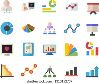 Color flat icon set color scheme flat vector, graphic report, crisis, statistics, scatter chart, flipchart, computer diagnostics of health, clircle diagram, point, hierarchy, achievement