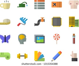 Color flat icon set color scheme flat vector, paint roller, skyscraper, lollipop, hose, butterflies, main pipeline, blood test, breast, coffee, pencil, cpu, brain fector, dumbbell, centimeter, menu