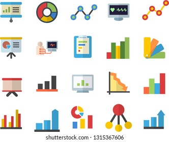 Color flat icon set color scheme flat vector, hierarchy, graphic report, crisis, chart, statistics, scatter, flipchart, computer diagnostics of health, statistic, clircle diagram, achievement