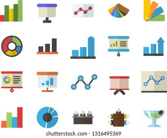 Color flat icon set color scheme flat vector, chart, scatter, flipchart, clircle diagram, point, meeting, presentaition board, achievement, cocktail fector