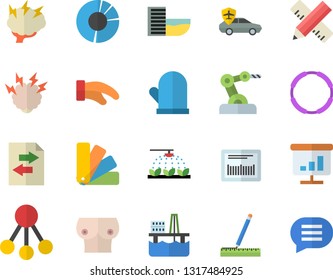 Color flat icon set color scheme flat vector, measure, potholder, sprinkling machine, oil production platform, autopilot, hierarchy, barcode, breast, chart, clircle diagram, brainstorm, hoop, chat