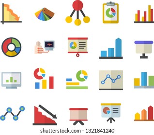 Color flat icon set color scheme flat vector, hierarchy, graphic report, crisis, chart, statistics, scatter, flipchart, diagnostics, computer, statistic, clircle diagram, point, presentaition board