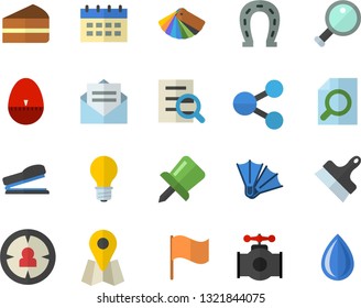 Color flat icon set color scheme flat vector, putty knife, kitchen egg timer, piece of cake, horseshoe, main pipeline, lamp, location, target audience, molecules, flag, drawing pin, magnifier, drop