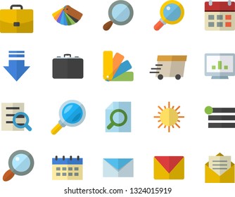 Color flat icon set color scheme flat vector, sun, case, magnifier, express delivery, computer chart, mail, menu, download, calendar, message