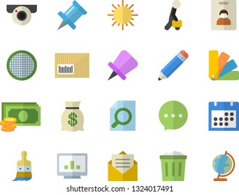 Color flat icon set color scheme flat vector, sieve, paint brush, sun, cash, wealth, barcode, calendar, computer chart, magnifier, pencil, businessman, indentity card fector, surveillance camera