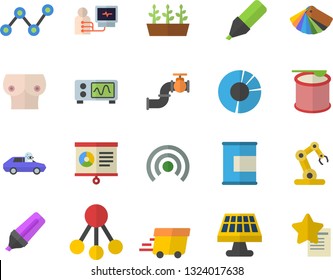 Color flat icon set color scheme flat vector, seedlings, solar battery, main pipeline, autopilot, hierarchy, marker, scatter chart, express delivery, diagnostics, breast, clircle diagram, proteins