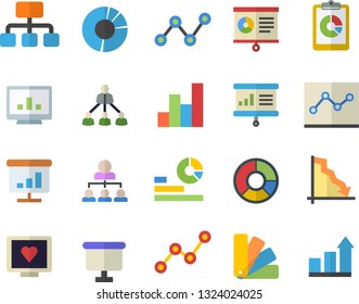 Color flat icon set color scheme flat vector, hierarchy, graphic report, crisis, statistics, scatter chart, flipchart, computer diagnostics of health, clircle diagram, point, presentaition board