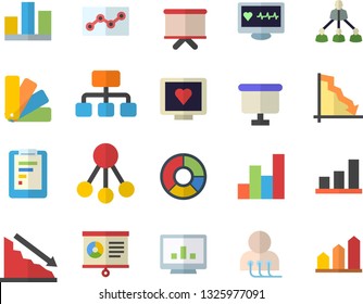 Color flat icon set color scheme flat vector, hierarchy, graphic report, crisis, flipchart, computer diagnostics of health, chart, statistic, clircle diagram, point, achievement
