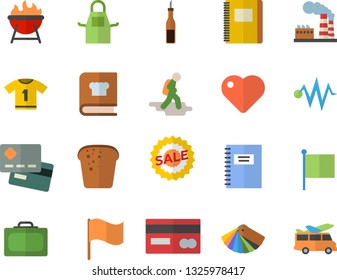 Color flat icon set color scheme flat vector, apron, cookbook, barbecue, sauce, bread, factory, credit card, flag, sell out, heart, notebook, electric discharge fector, sport T shirt, hike, suitcase