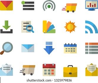 Color flat icon set color scheme flat vector, sun, case, express delivery, computer chart, magnifier, mail, menu, broadcast, download, calendar, message