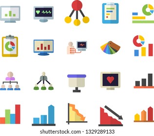 Color flat icon set color scheme flat vector, hierarchy, graphic report, crisis, chart, statistics, flipchart, computer diagnostics of health, achievement