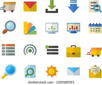 Color flat icon set color scheme flat vector, sun, case, magnifier, express delivery, computer chart, mail, menu, broadcast, download, calendar, message