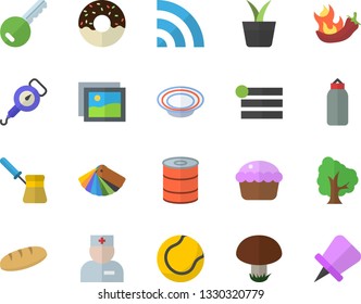 Color flat icon set color scheme flat vector, spring balance, turk, bread, canned food, cupcake, donut, dish, hot peppers, mushroom, home plant, tree, physician, sports pear, tennis ball, key fector