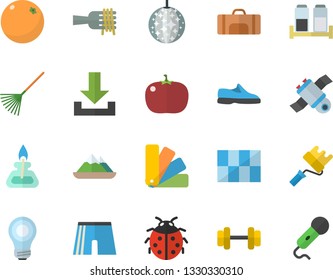 Color flat icon set color scheme flat vector, paint roller, tile, spice, spaghetti on a fork, tomato, orange, ladybird, rake, satellit, bulb, gas burner, dumbbell, sneakers, athletic shorts
