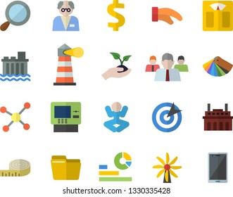 Color flat icon set color scheme flat vector, potholder, seedlings, windmill, hydroelectric power station, plant, lighthouse, dollar, team, statistics, computer file, target, molecule, scientist