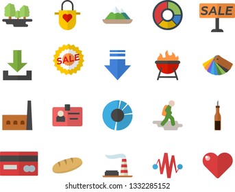 Color flat icon set color scheme flat vector, apron, barbecue, sauce, bread, factory, forest, manufactory, credit card, sell out, clircle diagram, badge, electric discharge fector, hike, mountains