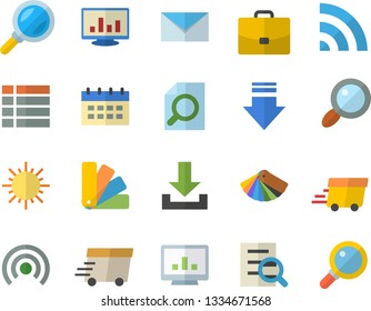 Color flat icon set color scheme flat vector, sun, case, magnifier, express delivery, computer chart, mail, menu, broadcast, download, calendar