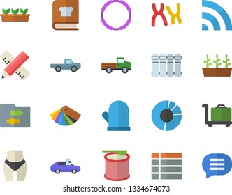 Color flat icon set color scheme flat vector, measure, heating batteries, potholder, cookbook, pickup truck, seedlings, autopilot, chromosomes, clircle diagram, waistline, steroids, hoop, menu, chat