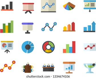 Color flat icon set color scheme flat vector, chart, scatter, flipchart, clircle diagram, point, meeting, presentaition board, achievement, cocktail fector