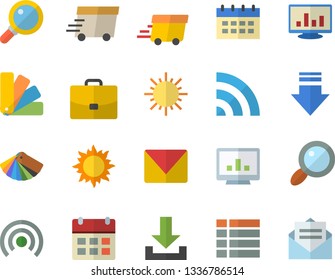 Color flat icon set color scheme flat vector, sun, case, magnifier, express delivery, computer chart, mail, menu, broadcast, download, calendar, message