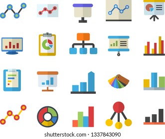 Color flat icon set color scheme flat vector, hierarchy, graphic report, chart, scatter, flipchart, computer, statistic, clircle diagram, point, presentaition board