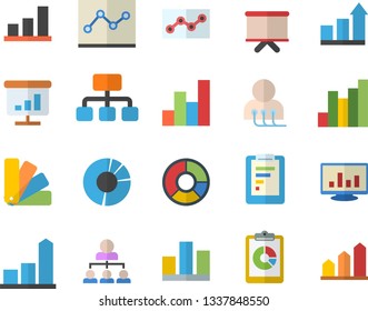 Color flat icon set color scheme flat vector, hierarchy, graphic report, chart, flipchart, diagnostics, computer, statistic, clircle diagram, point, achievement