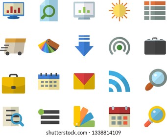 Color flat icon set color scheme flat vector, sun, case, magnifier, express delivery, computer chart, mail, menu, broadcast, download, calendar