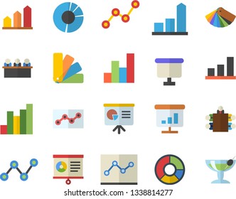 Color flat icon set color scheme flat vector, chart, scatter, flipchart, clircle diagram, point, meeting, presentaition board, achievement, cocktail fector