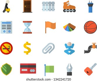 Color flat icon set color scheme flat vector, Entrance door, heating batteries, main pipeline, credit card, dollar, flag, clip, ink pen, contract, businessman, basketball, roller Skates, yoga, key
