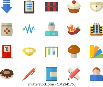 Color flat icon set color scheme flat vector, sink, measure, tile, mushroom, cupcake, donut, dish, hot peppers, seeds, physician, clipboard, pen, beakers, electric discharge fector, proteins, hotel