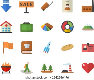 Color flat icon set color scheme flat vector, cookbook, barbecue, bread, factory, forest, manufactory, flag, sell out, hospital, clircle diagram, badge, rocket, indentity card fector, hike, luggage