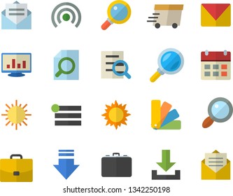 Color flat icon set color scheme flat vector, sun, case, magnifier, express delivery, computer chart, mail, menu, broadcast, download, calendar, message