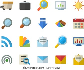 Color flat icon set color scheme flat vector, sun, case, magnifier, express delivery, computer chart, mail, broadcast, download, calendar, message