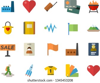 Color flat icon set color scheme flat vector, apron, barbecue, manufactory, credit card, flag, sell out, heart, badge, rocket, notebook, electric discharge  , sport T shirt, indentity, hike