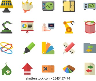 Color flat icon set color scheme flat vector, house layout, measure, potholder, solar battery, robotics, marker, diagnostics, chart, oscilloscope, brainstorm, steroids, hoop, ticket  , upload