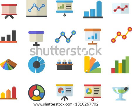 Color flat icon set color scheme flat vector, chart, scatter, flipchart, clircle diagram, point, meeting, presentaition board, achievement, cocktail fector
