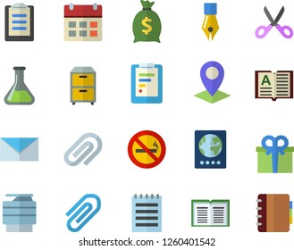 Color flat icon set scissors flat vector, chemistry, location, graphic report, wealth, present, clipboard, clip, ink pen, copy machine, archive, mail, notepad, passport fector, no smoking, calendar