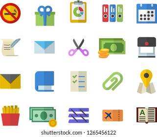 Color flat icon set scissors flat vector, French fries, location, graphic report, cash, present, calendar, folder, to do list, paper tray, book, mail, hostory roll, ticket fector, no smoking, clip